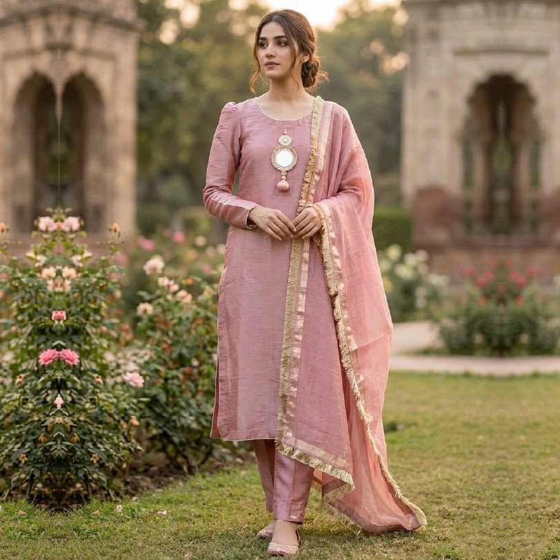 Elegant Korean Silk 3-Piece Suit with Mirror Neck & Silk Dupatta