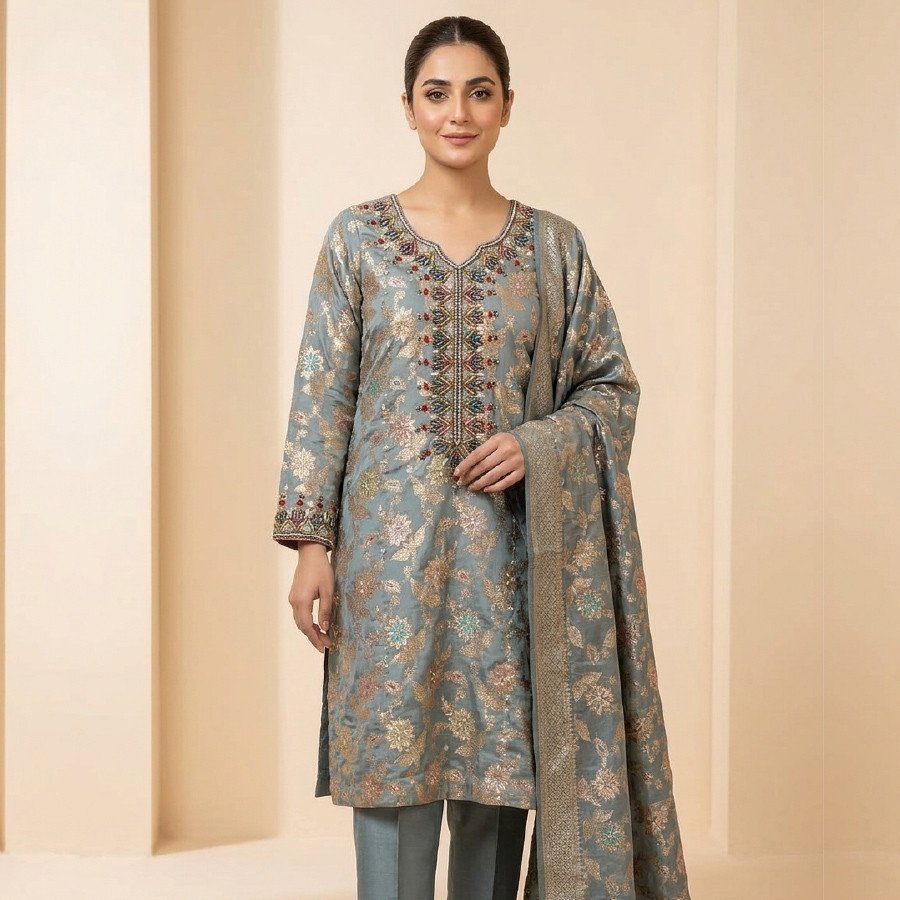 Luxury Banarsi Kora Dapka Embroidered 3-Piece Suit – Medium