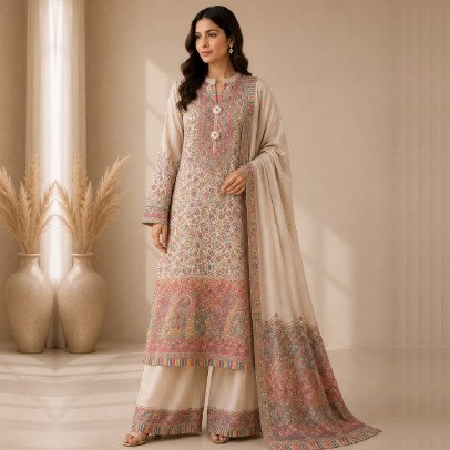Women's 3 Piece Full Embroidered Pashmina Suit