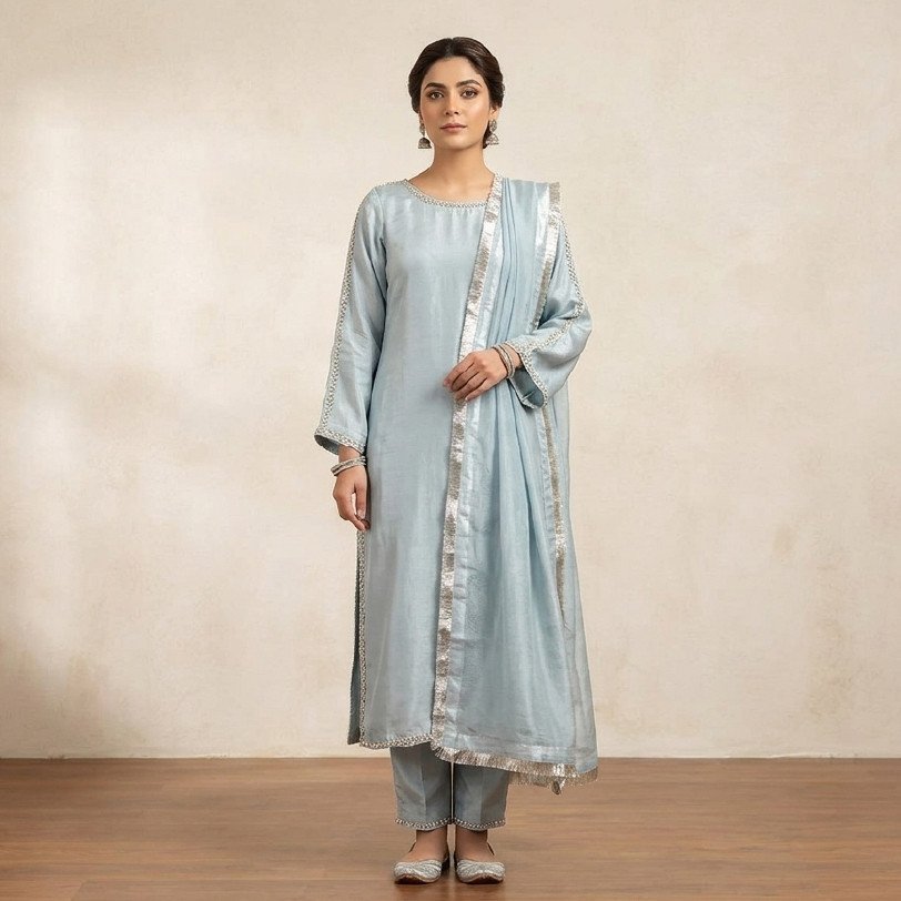 Elegant Korean Silk 3-Piece Suit with Silver Beads Work