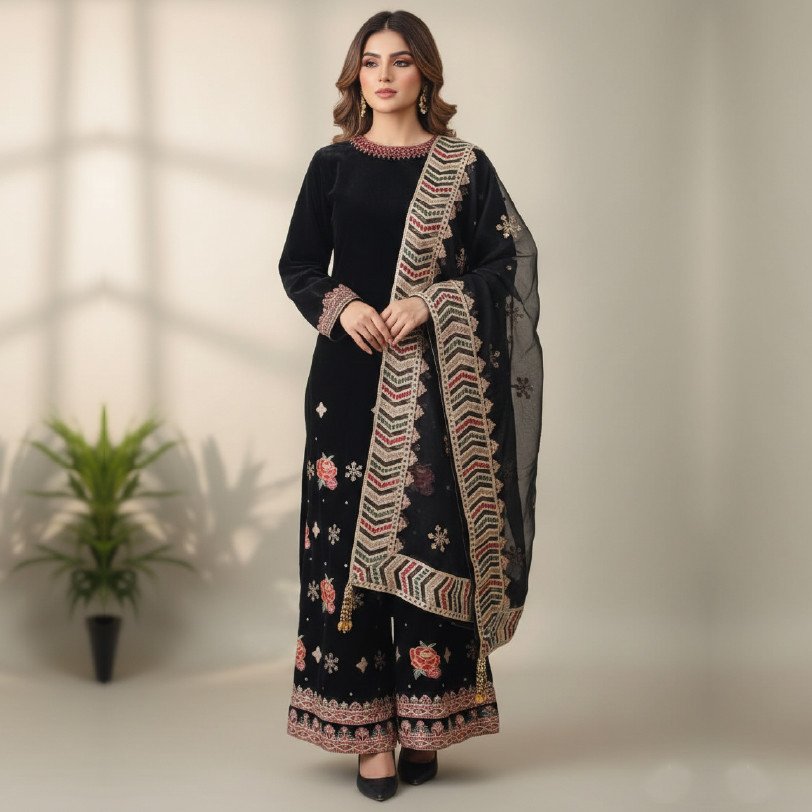 Elegant 3-Piece Velvet Embroidered Suit – Medium
