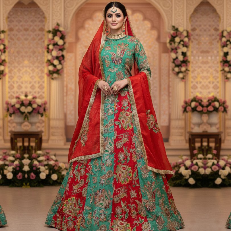 Elegant 3-Piece Fish Fit Langa Set with Tissue Dupatta – Medium