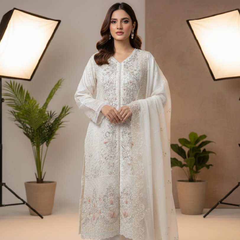 Luxury Khadi Silk Embroidered Suit with Velvet Lining & Dupatta