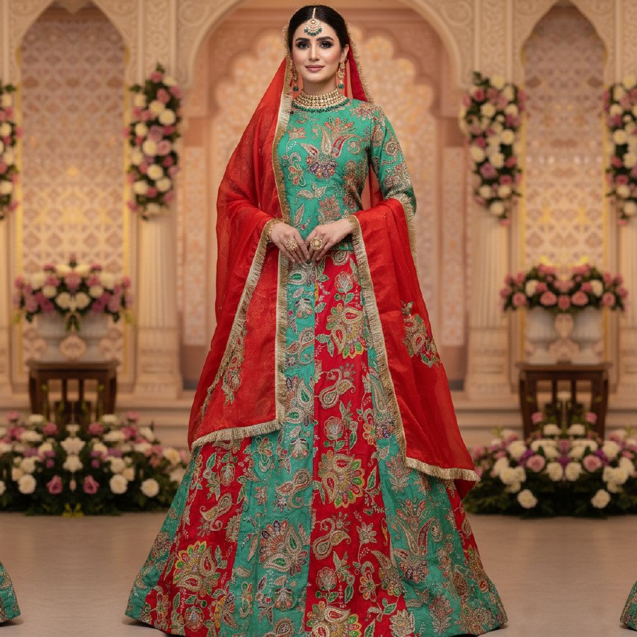 Elegant 3-Piece Fish Fit Langa Set with Tissue Dupatta – Medium
